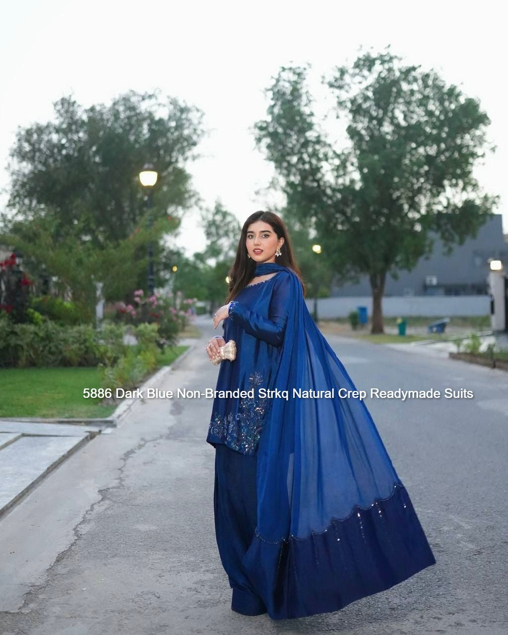 5886 Dark Blue Non-Branded Strkq Natural Crep Readymade Suits