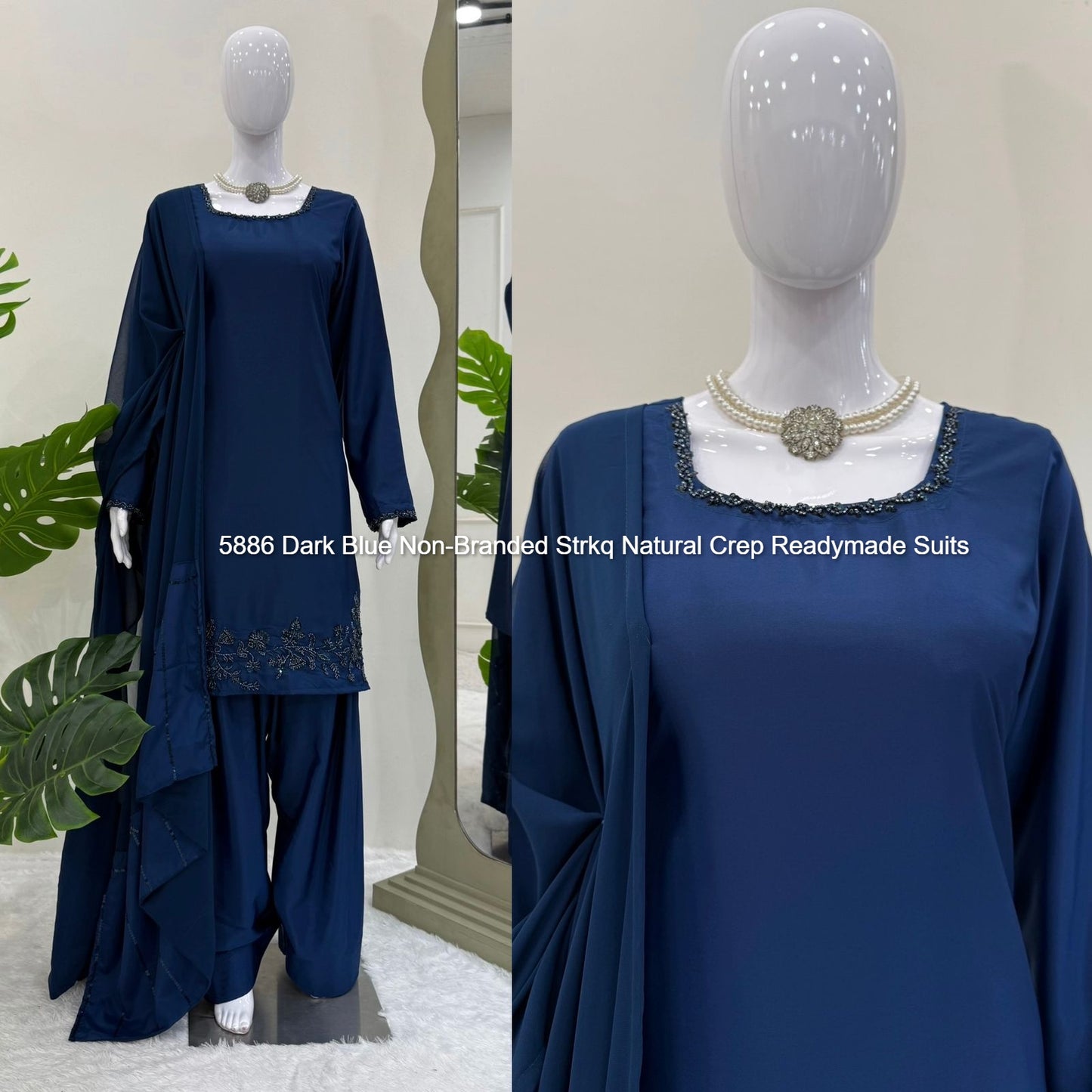 5886 Dark Blue Non-Branded Strkq Natural Crep Readymade Suits