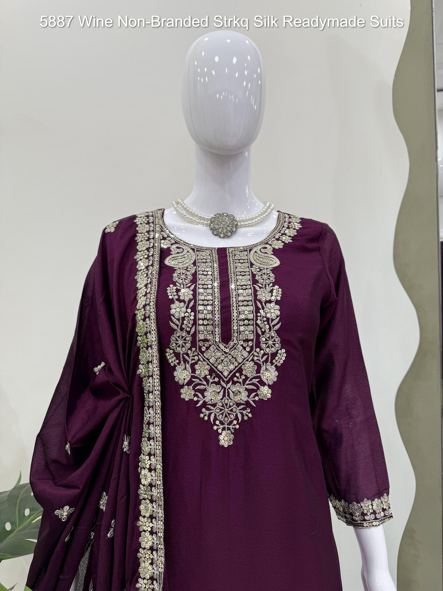 5887 Wine Non-Branded Strkq Silk Readymade Suits