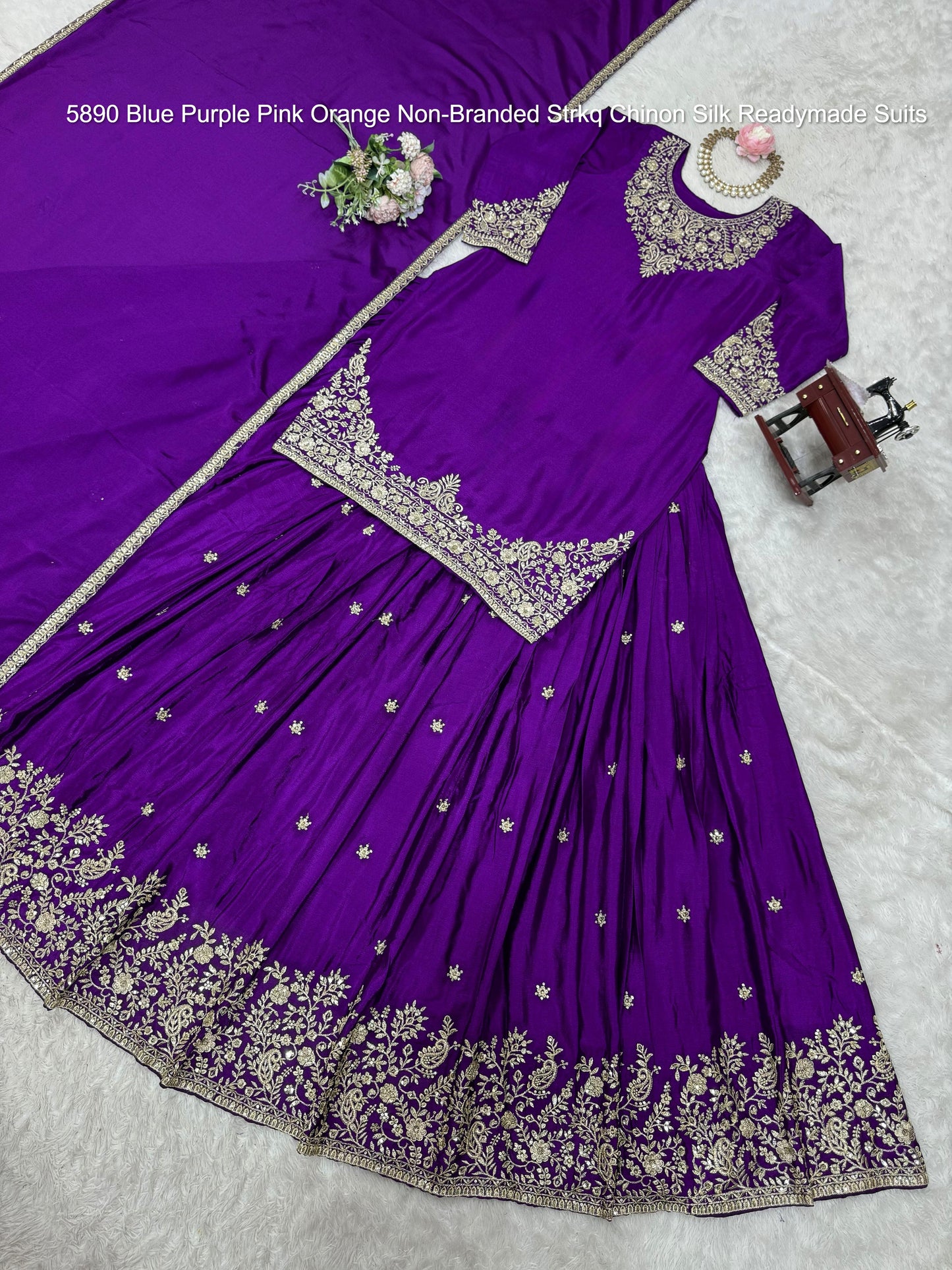 5890 Blue Purple Pink Orange Non-Branded Strkq Chinon Silk Readymade Suits