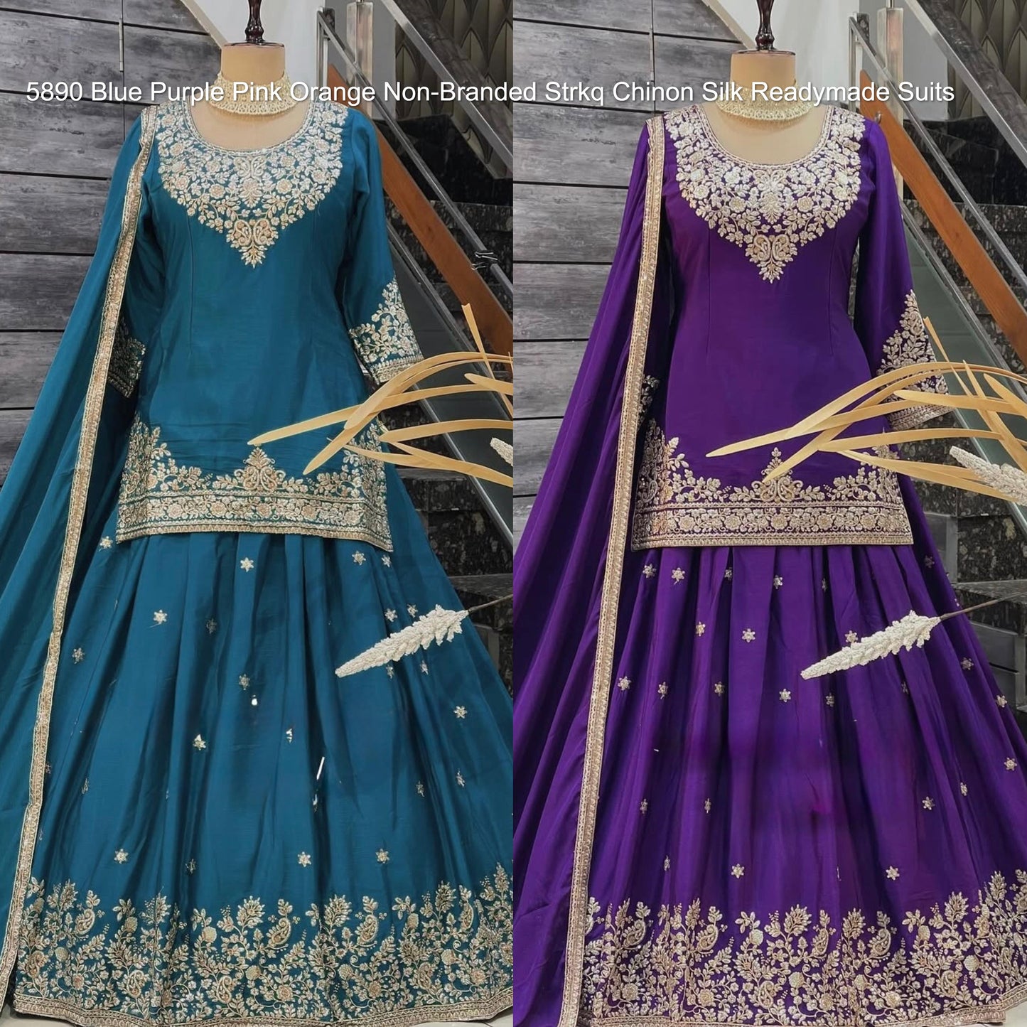 5890 Blue Purple Pink Orange Non-Branded Strkq Chinon Silk Readymade Suits