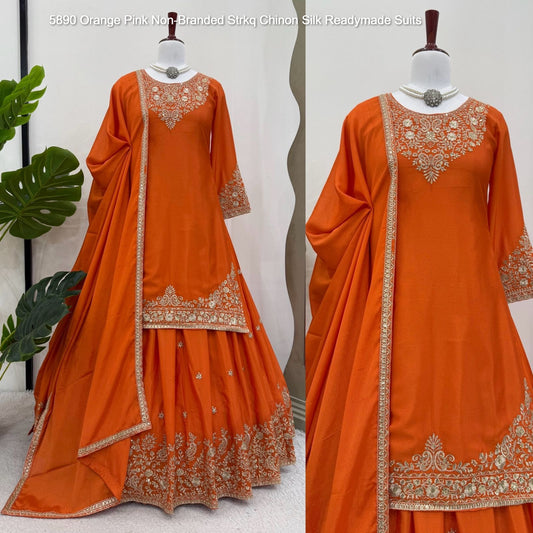5890 Orange Pink Non-Branded Strkq Chinon Silk Readymade Suits