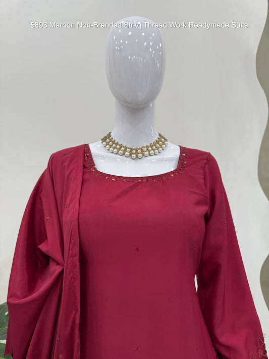 5893 Maroon Non-Branded Strkq Thread Work Readymade Suits