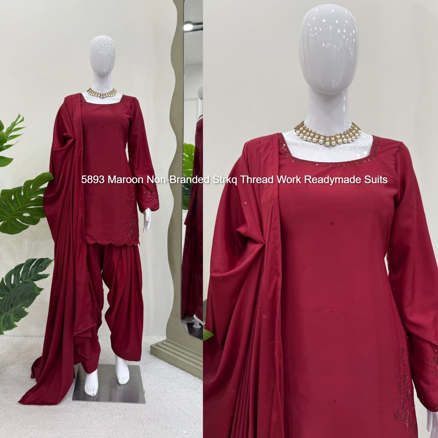 5893 Maroon Non-Branded Strkq Thread Work Readymade Suits