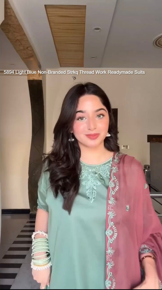 5894 Light Blue Non-Branded Strkq Thread Work Readymade Suits