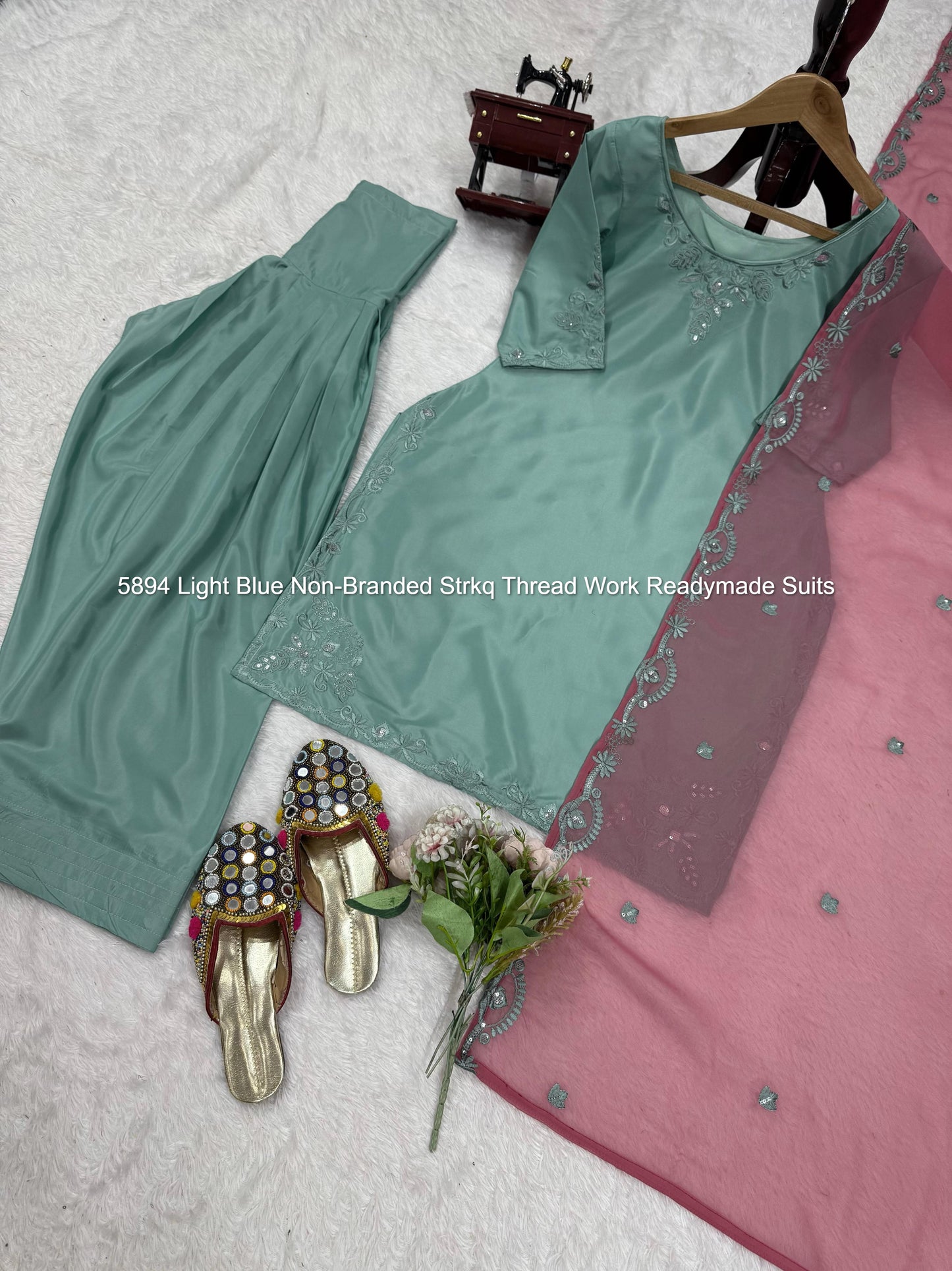 5894 Light Blue Non-Branded Strkq Thread Work Readymade Suits