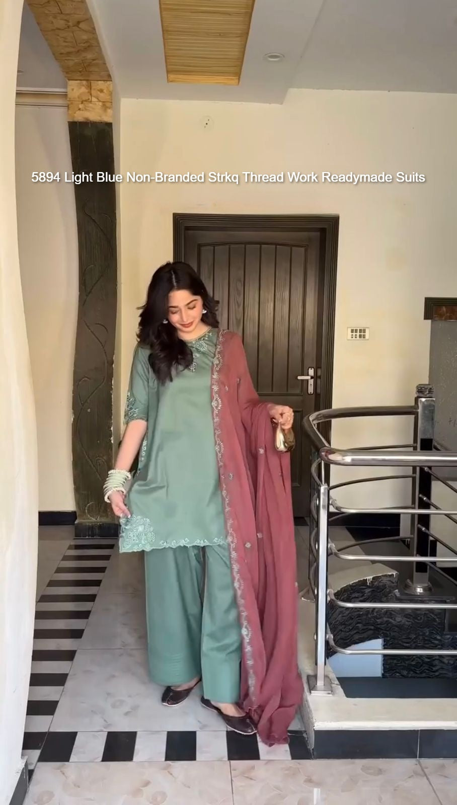 5894 Light Blue Non-Branded Strkq Thread Work Readymade Suits