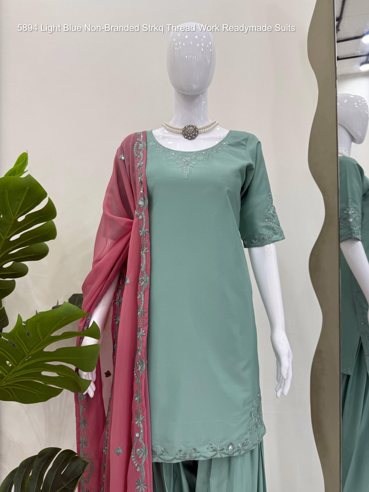 5894 Light Blue Non-Branded Strkq Thread Work Readymade Suits