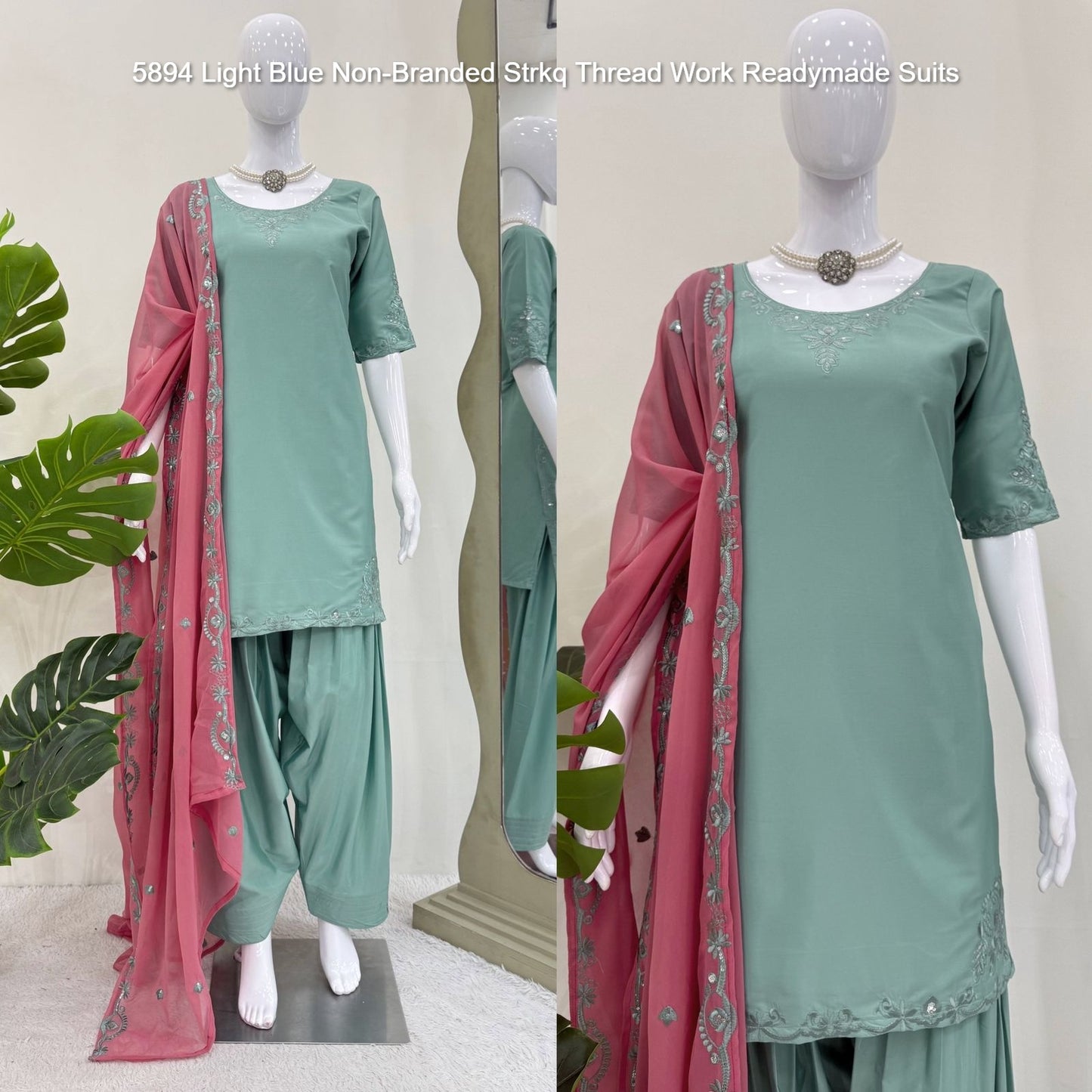 5894 Light Blue Non-Branded Strkq Thread Work Readymade Suits