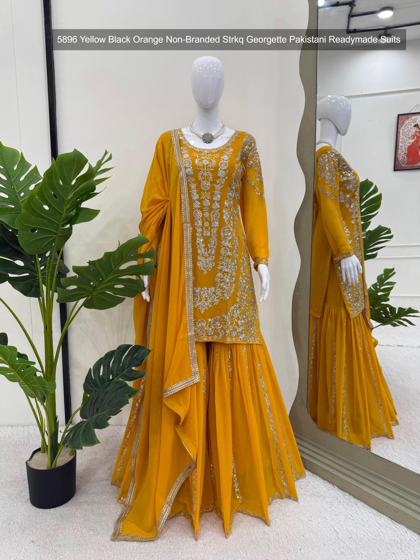 5896 Yellow Black Orange Non-Branded Strkq Georgette Pakistani Readymade Suits