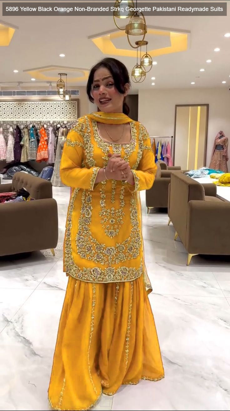 5896 Yellow Black Orange Non-Branded Strkq Georgette Pakistani Readymade Suits