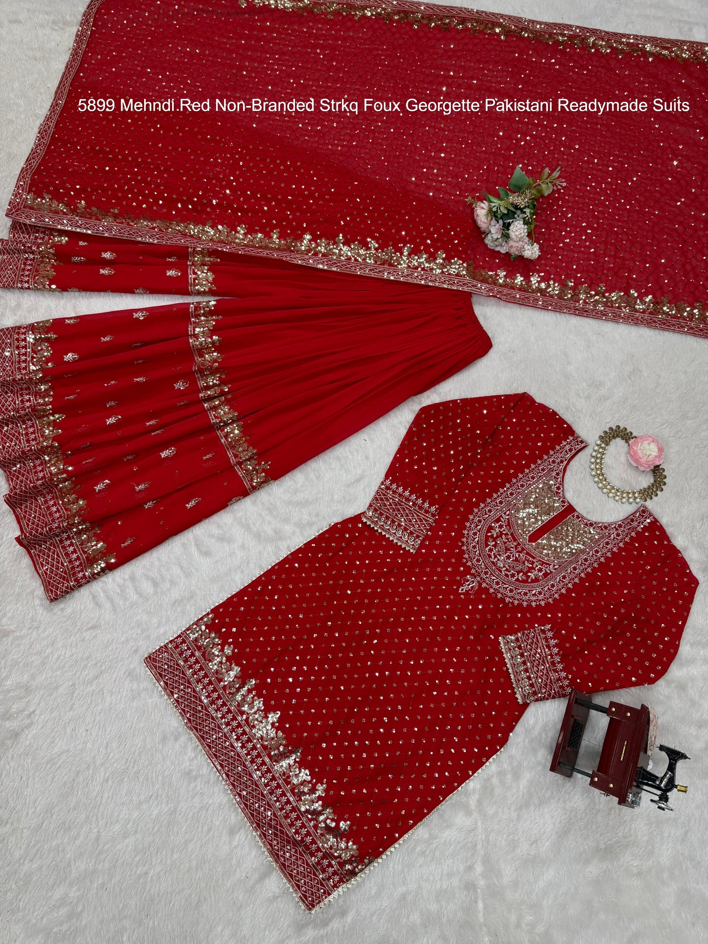 5899 Mehndi Red Non-Branded Strkq Foux Georgette Pakistani Readymade Suits