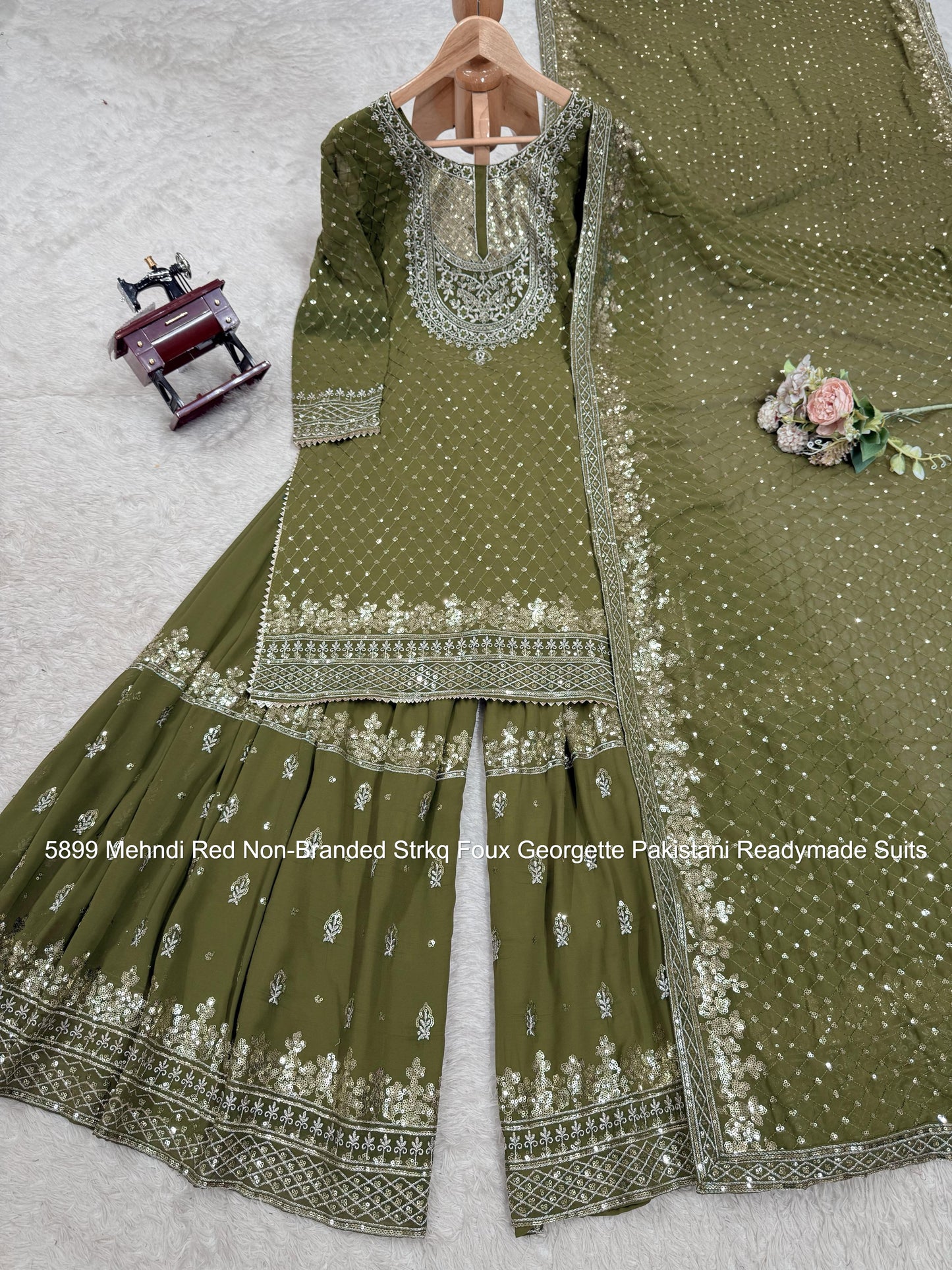 5899 Mehndi Red Non-Branded Strkq Foux Georgette Pakistani Readymade Suits