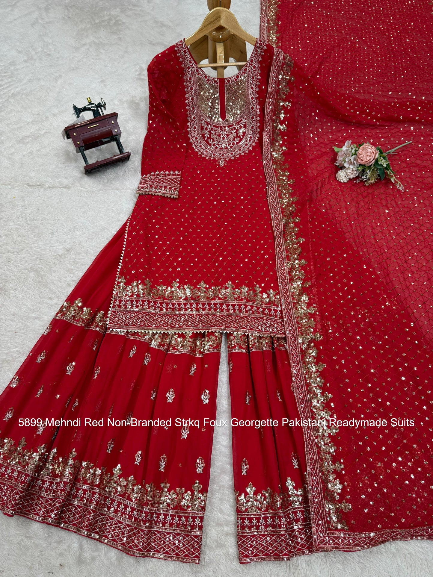5899 Mehndi Red Non-Branded Strkq Foux Georgette Pakistani Readymade Suits