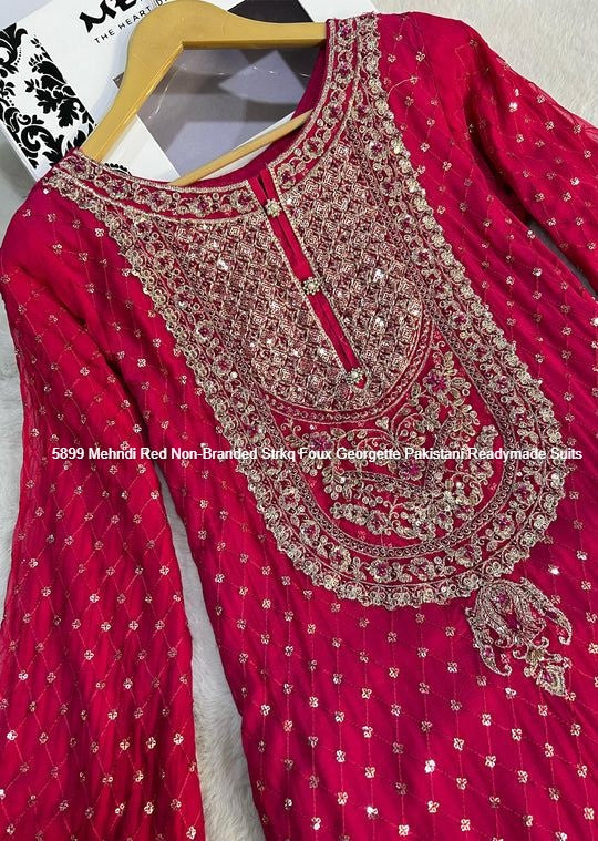 5899 Mehndi Red Non-Branded Strkq Foux Georgette Pakistani Readymade Suits