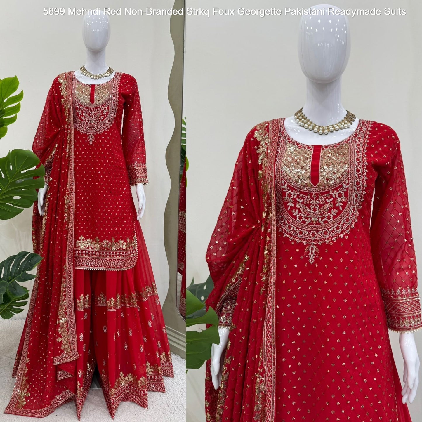 5899 Mehndi Red Non-Branded Strkq Foux Georgette Pakistani Readymade Suits