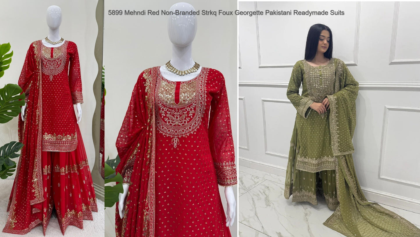 5899 Mehndi Red Non-Branded Strkq Foux Georgette Pakistani Readymade Suits