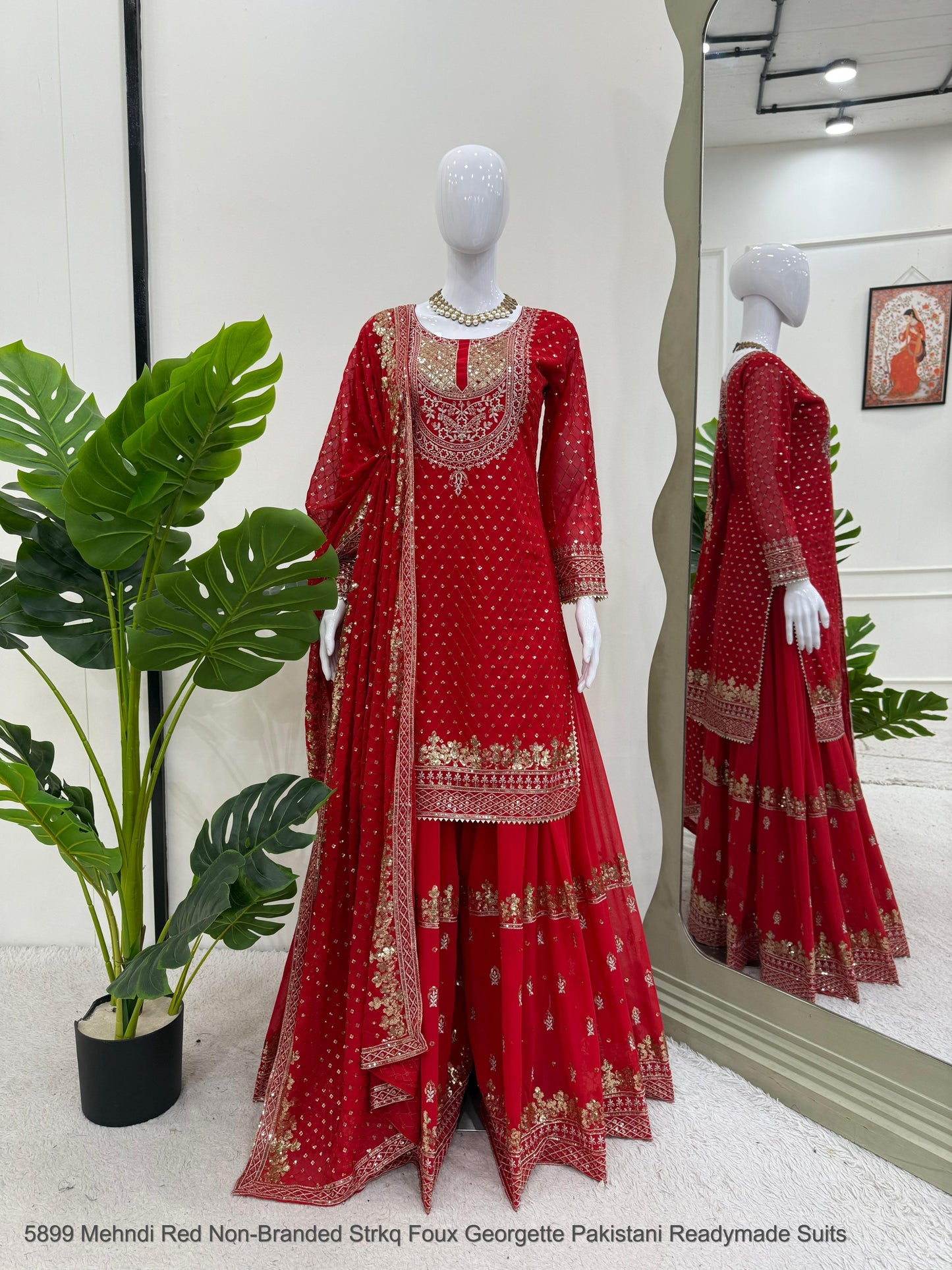 5899 Mehndi Red Non-Branded Strkq Foux Georgette Pakistani Readymade Suits