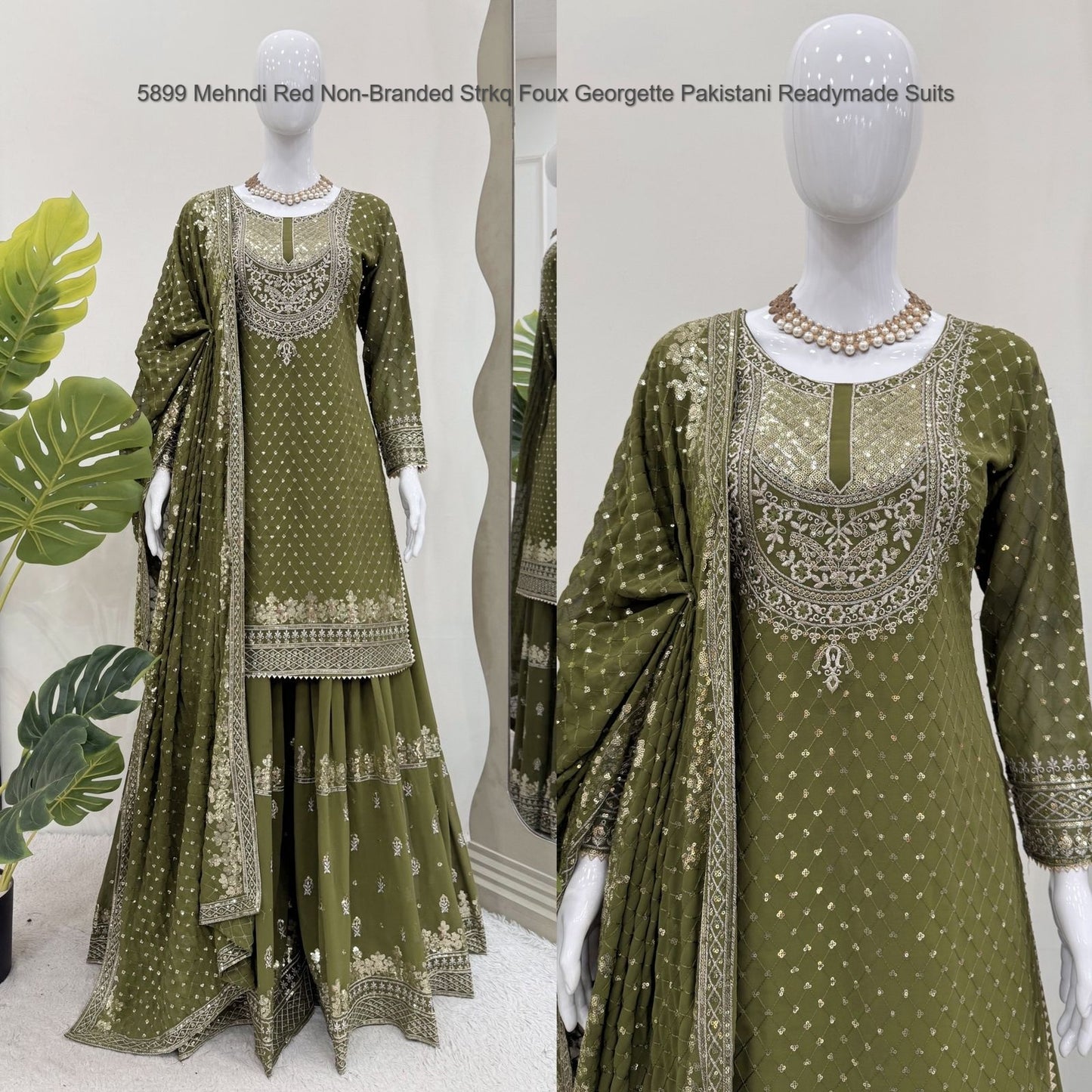 5899 Mehndi Red Non-Branded Strkq Foux Georgette Pakistani Readymade Suits
