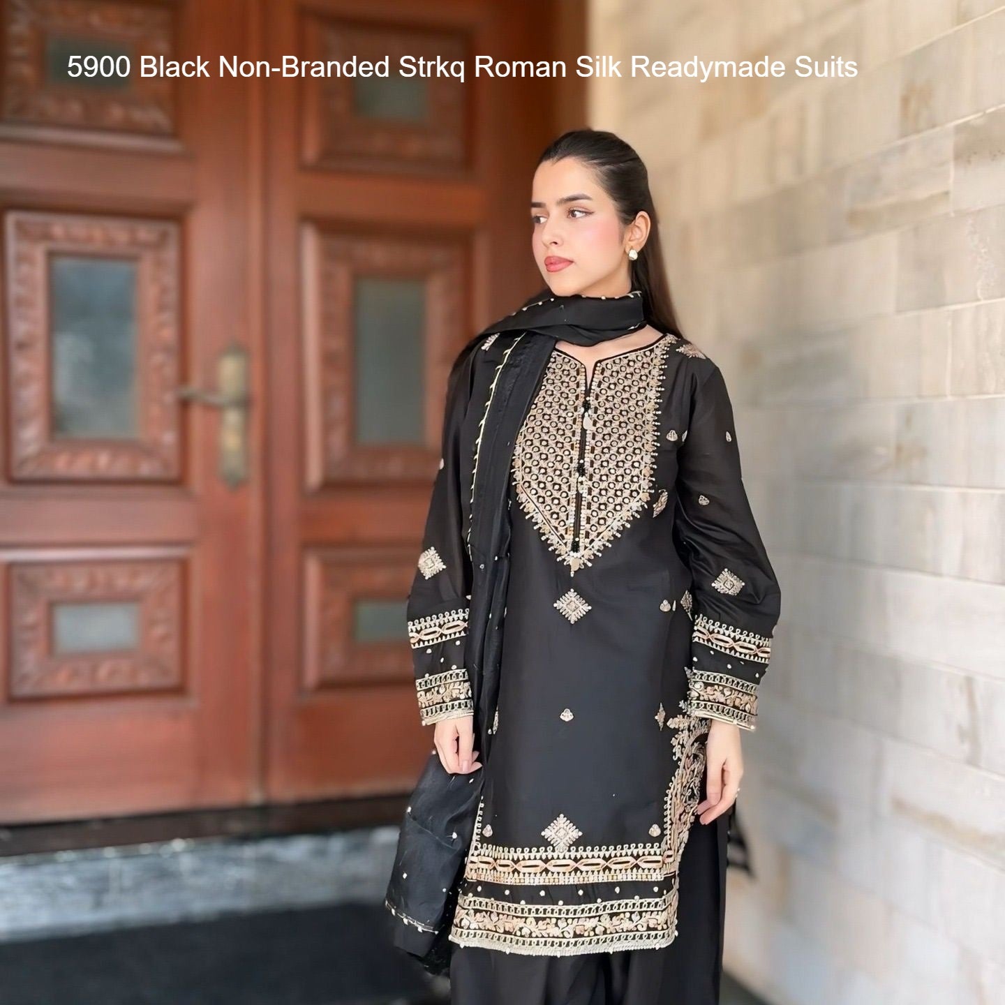 5900 Black Non-Branded Strkq Roman Silk Readymade Suits