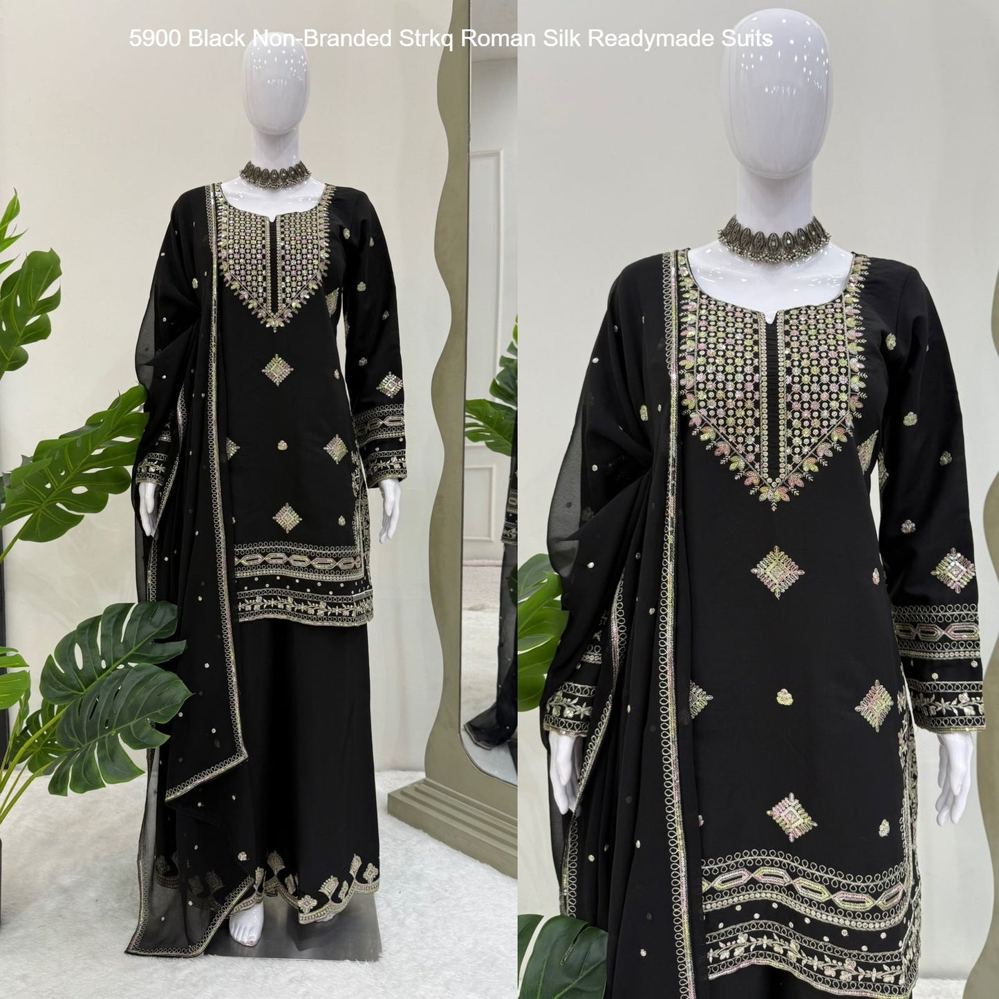 5900 Black Non-Branded Strkq Roman Silk Readymade Suits