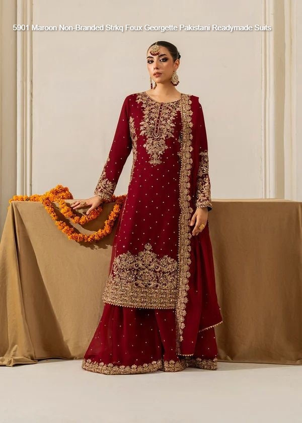 5901 Maroon Non-Branded Strkq Foux Georgette Pakistani Readymade Suits