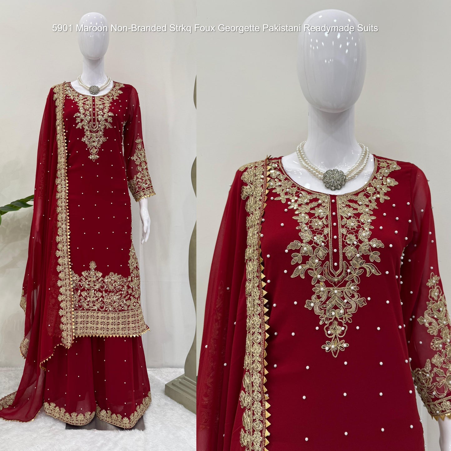 5901 Maroon Non-Branded Strkq Foux Georgette Pakistani Readymade Suits