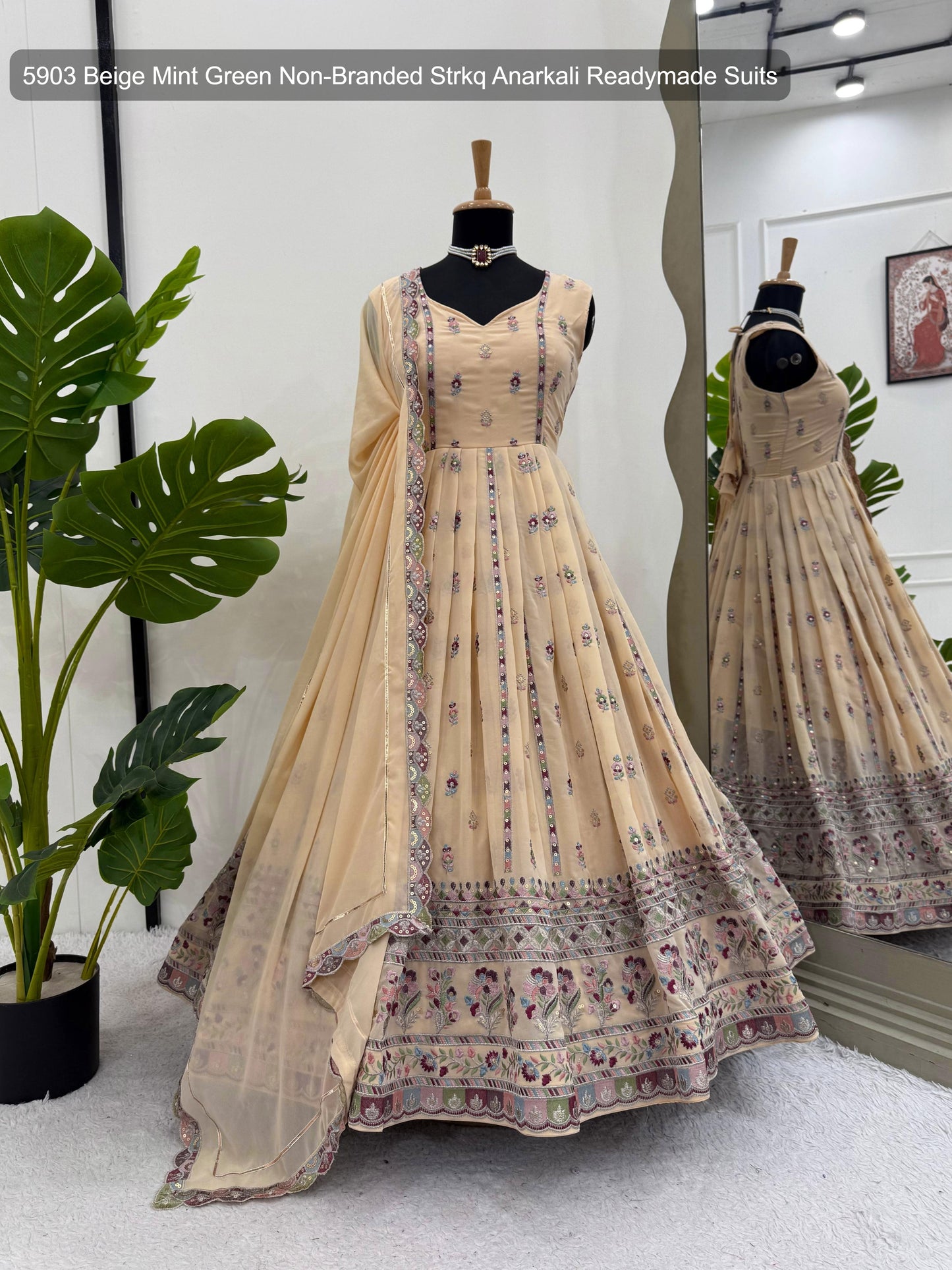 5903 Beige Mint Green Non-Branded Strkq Anarkali Readymade Suits