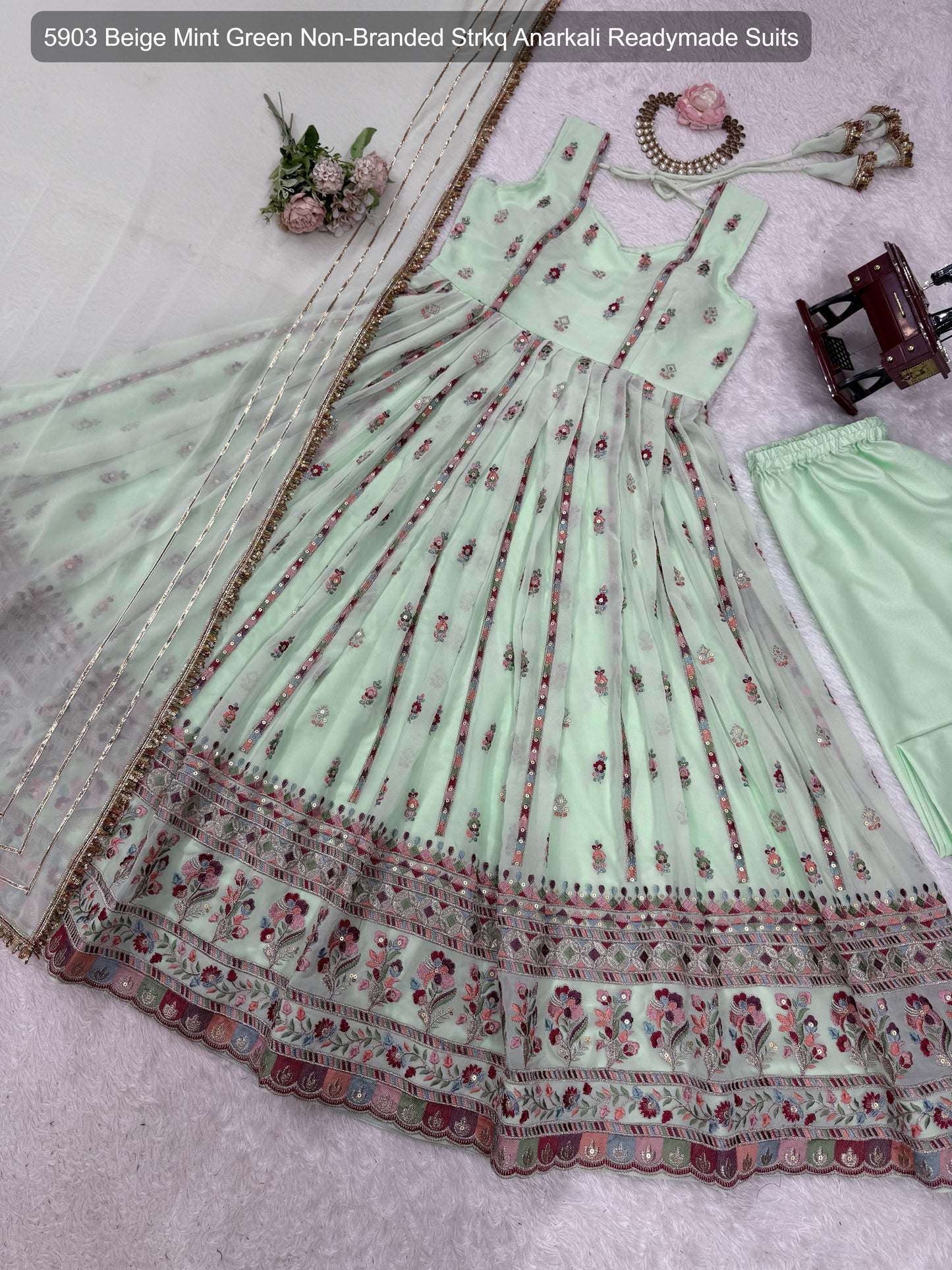 5903 Beige Mint Green Non-Branded Strkq Anarkali Readymade Suits