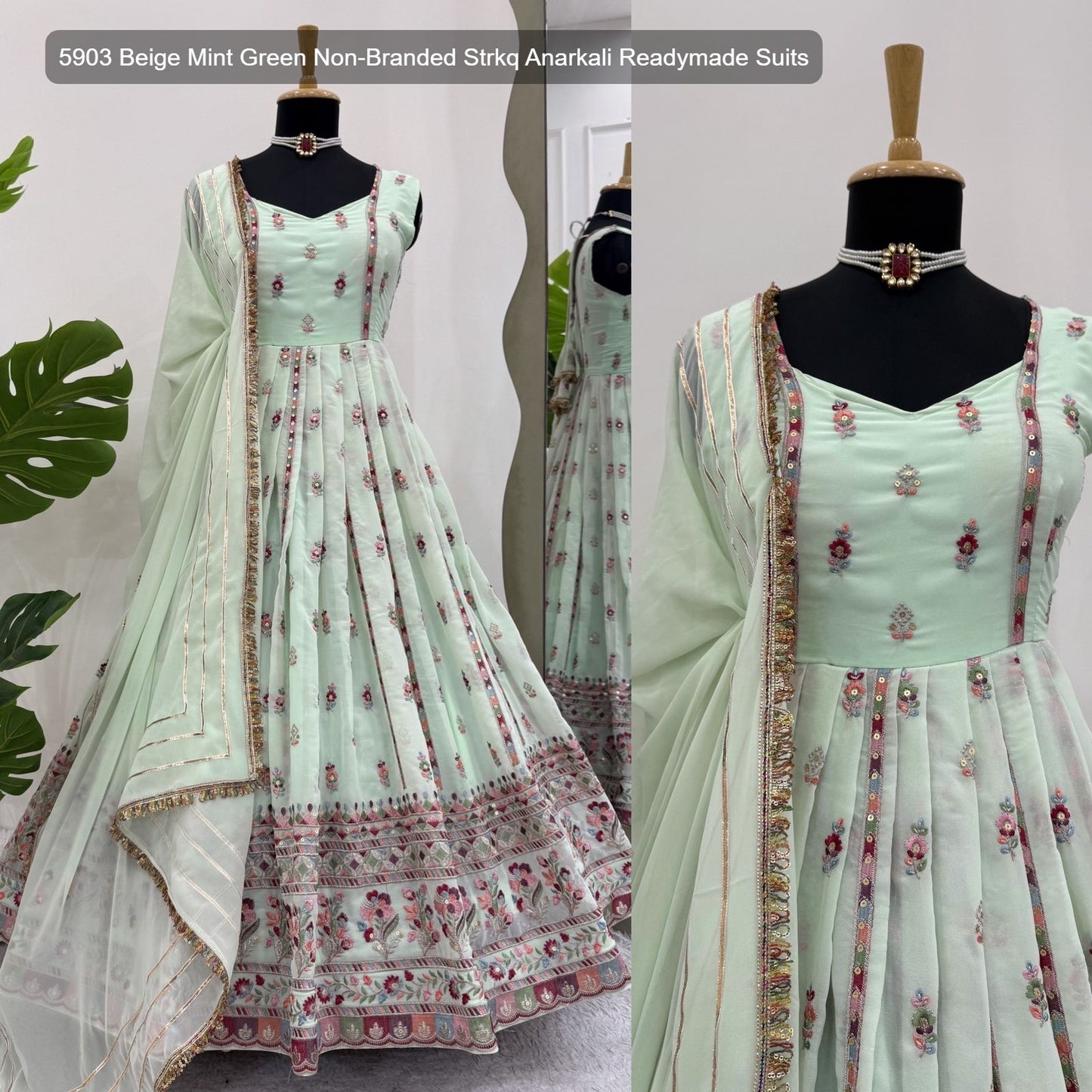 5903 Beige Mint Green Non-Branded Strkq Anarkali Readymade Suits