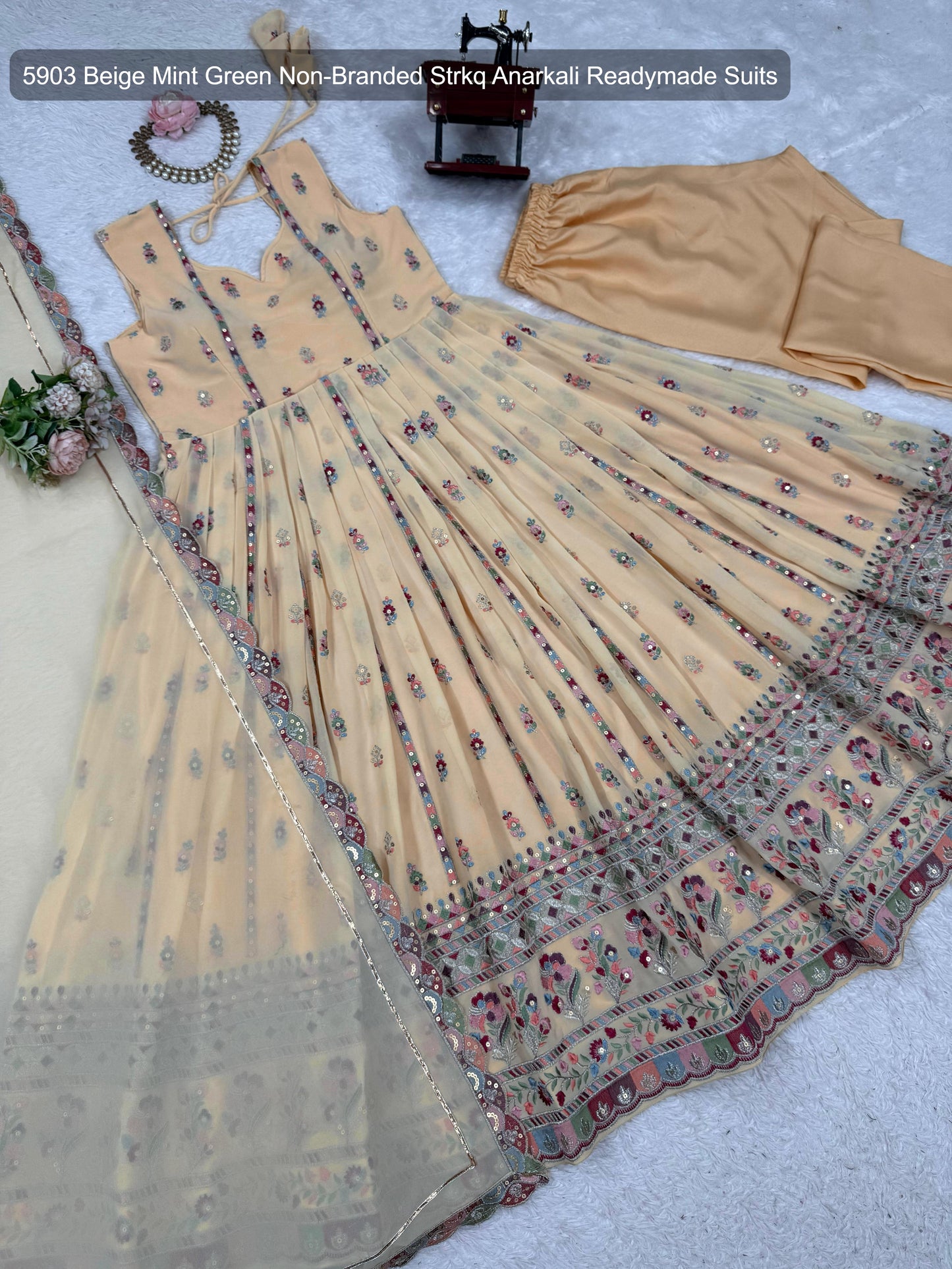 5903 Beige Mint Green Non-Branded Strkq Anarkali Readymade Suits