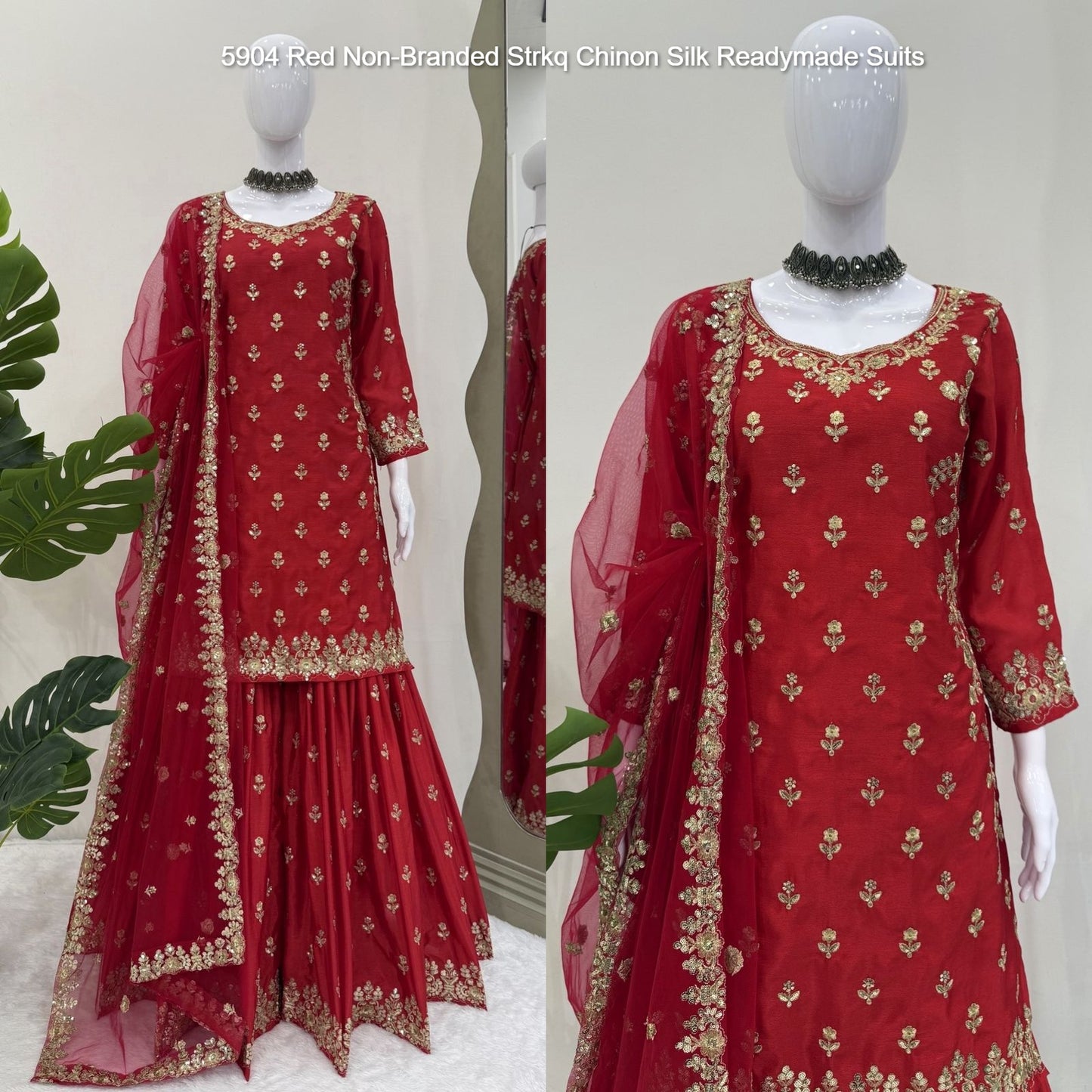 5904 Red Non-Branded Strkq Chinon Silk Readymade Suits