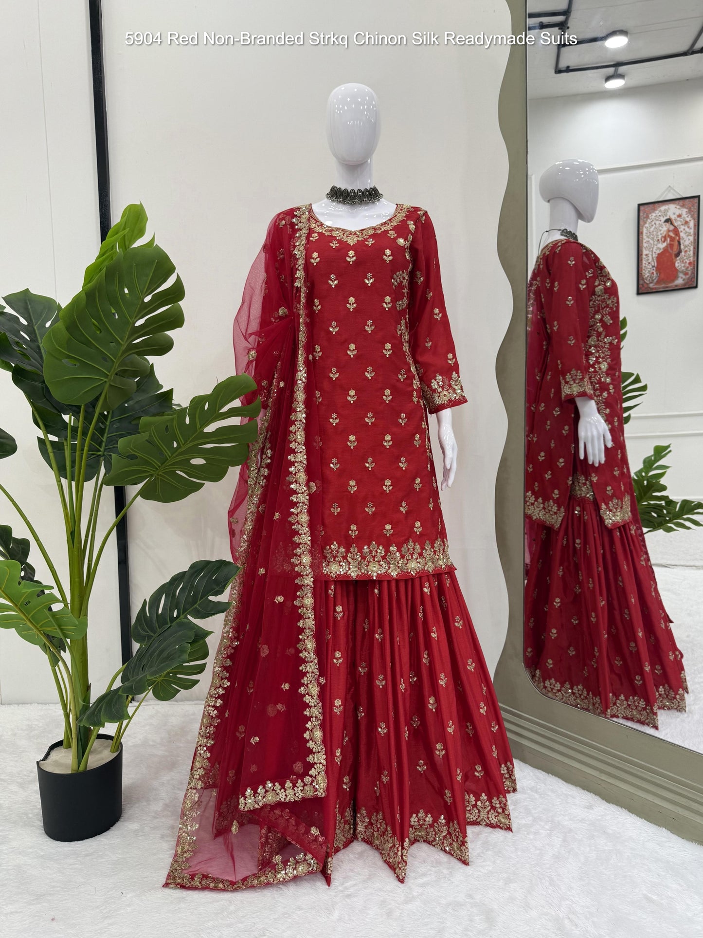 5904 Red Non-Branded Strkq Chinon Silk Readymade Suits
