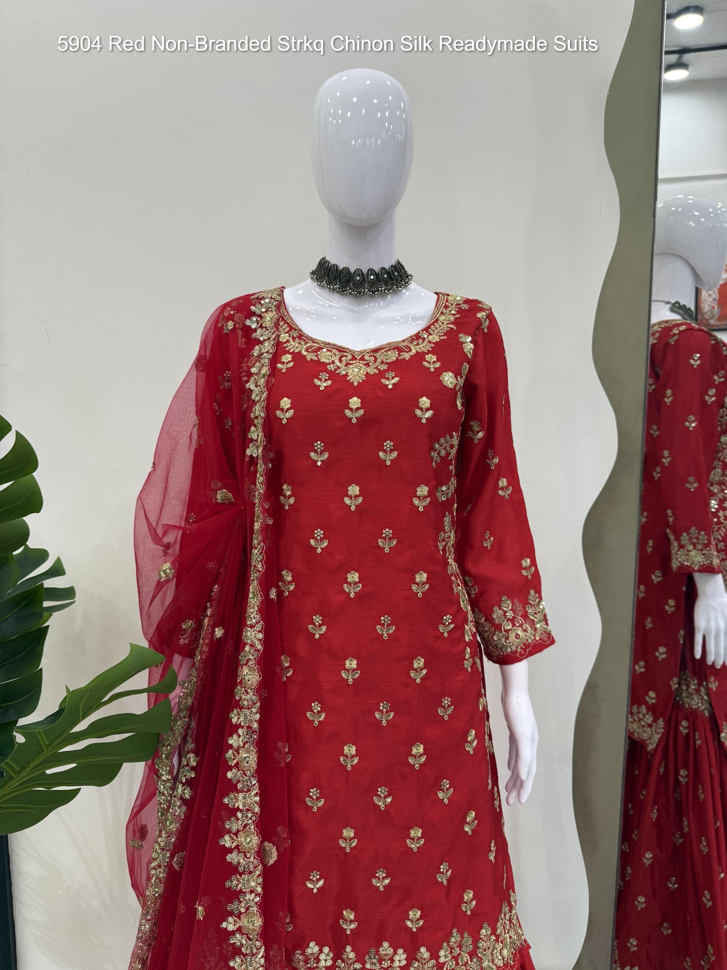 5904 Red Non-Branded Strkq Chinon Silk Readymade Suits
