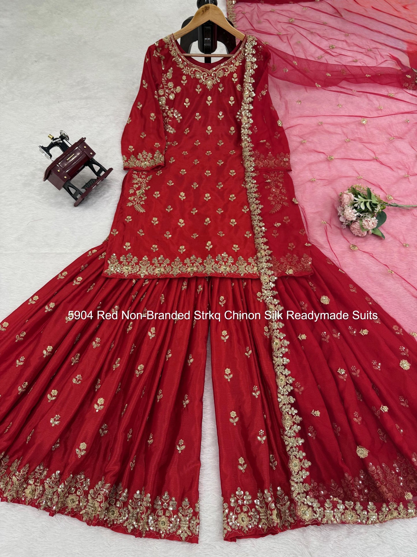 5904 Red Non-Branded Strkq Chinon Silk Readymade Suits