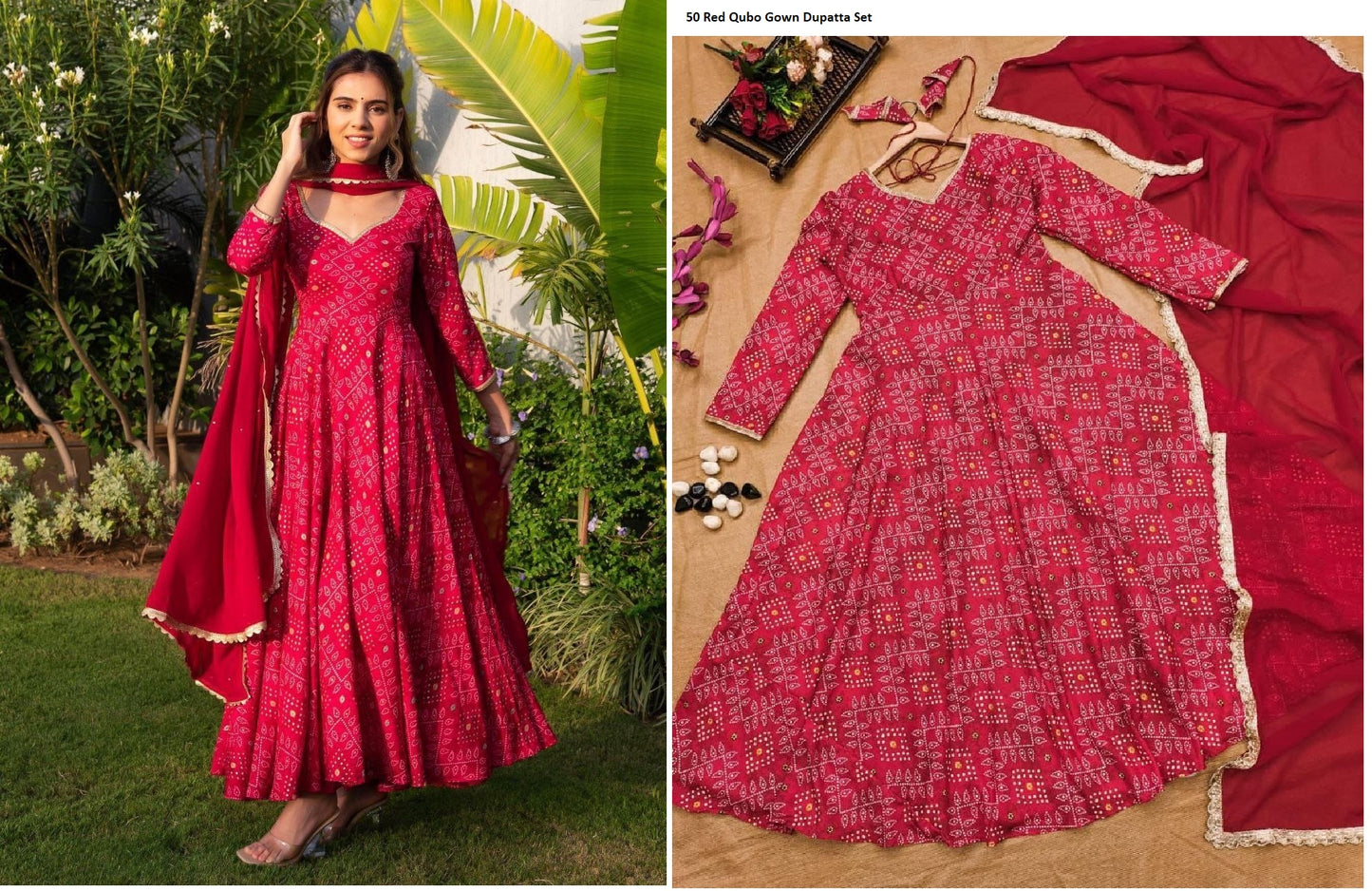 50 Red Qubo Gown Dupatta Set