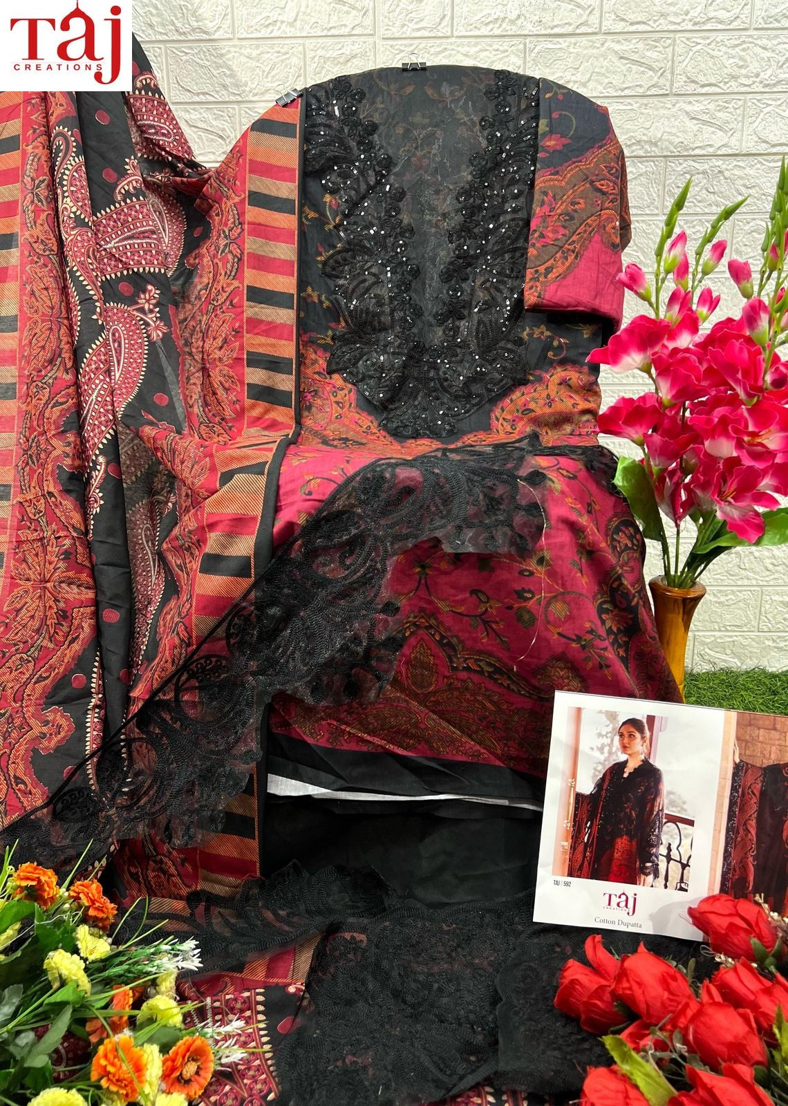 592 Taj Creations Pure Cotton Pakistani Patch Suits