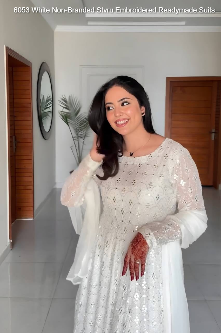 6053 White Non-Branded Stvru Embroidered Readymade Suits