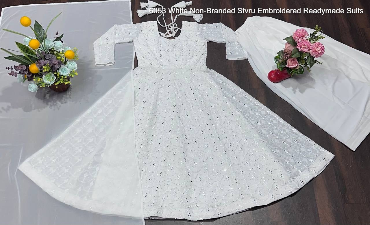 6053 White Non-Branded Stvru Embroidered Readymade Suits