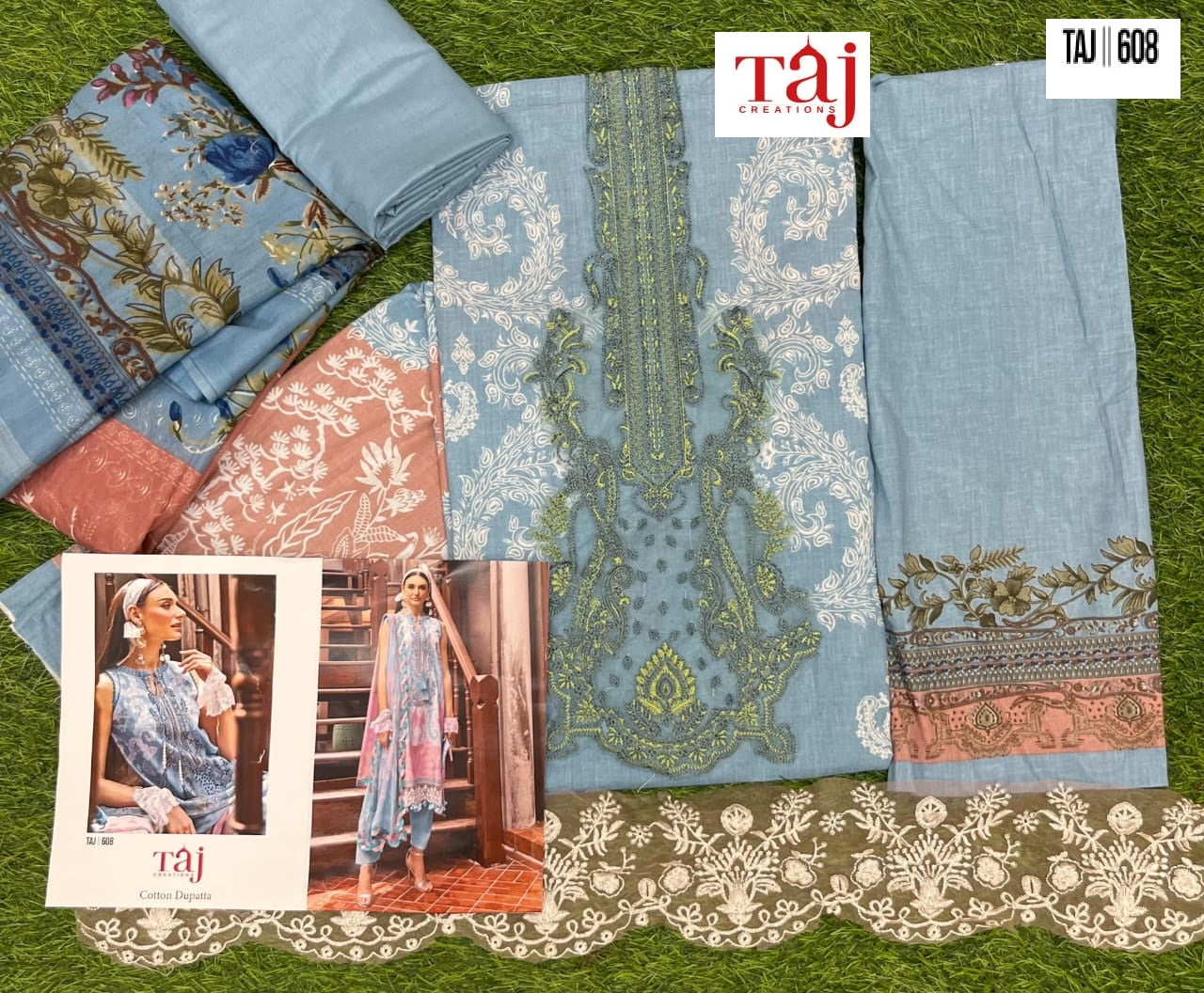 608 Blue Taj Creations Embroidery Pakistani Patch Suits