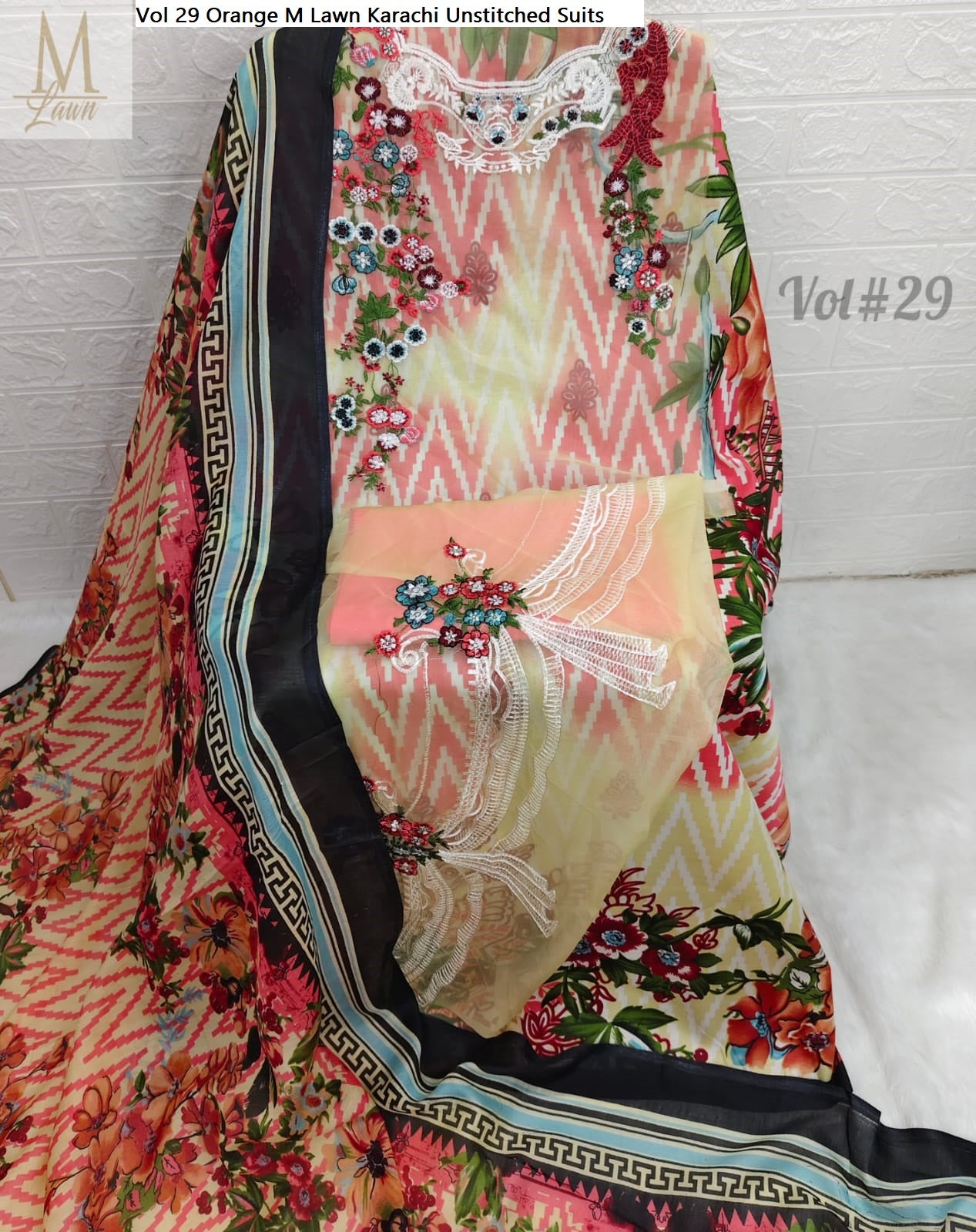 Vol 29 Orange M Lawn Karachi Unstitched Suits