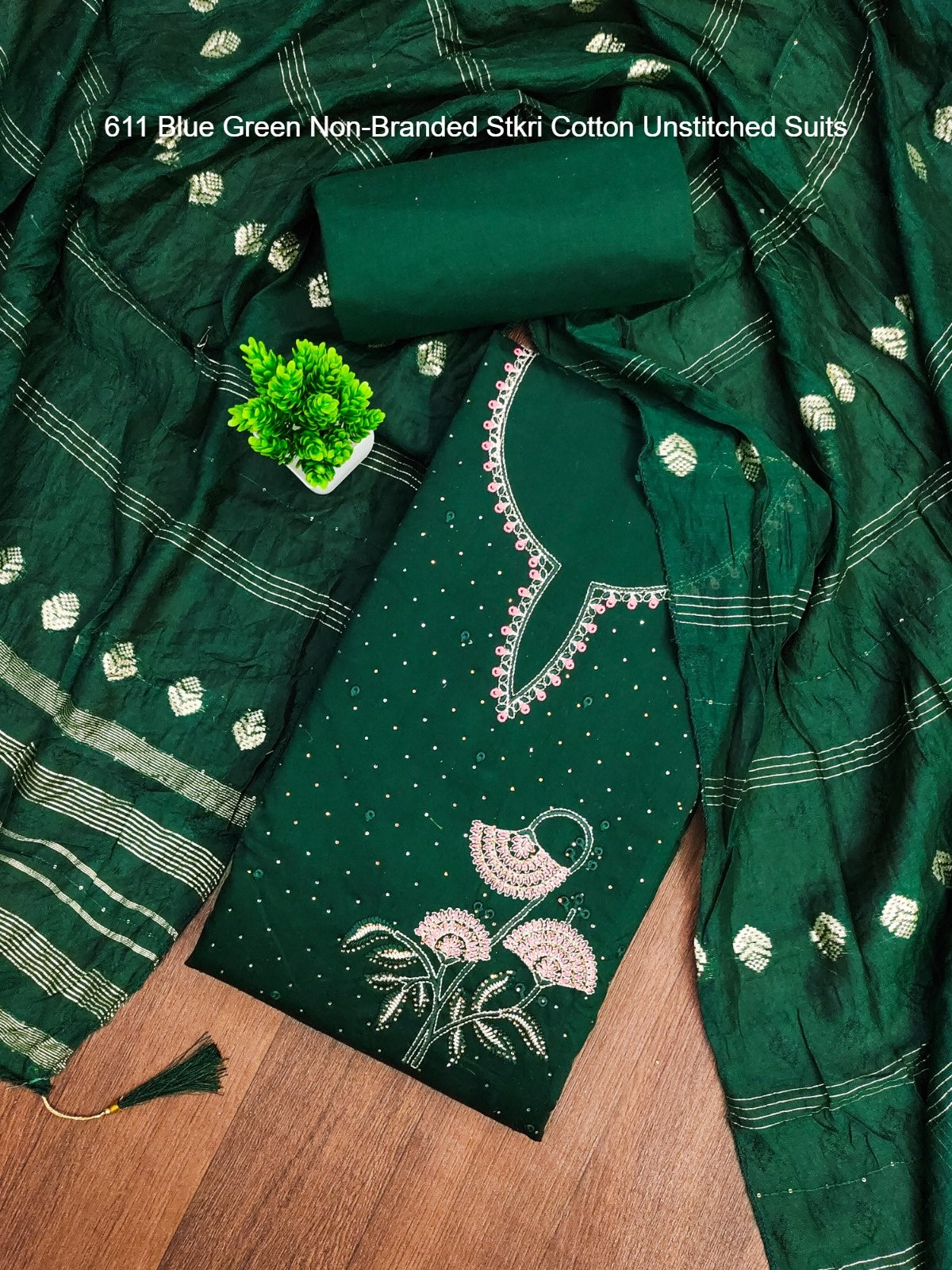 611 Blue Green Non-Branded Stkri Cotton Unstitched Suits