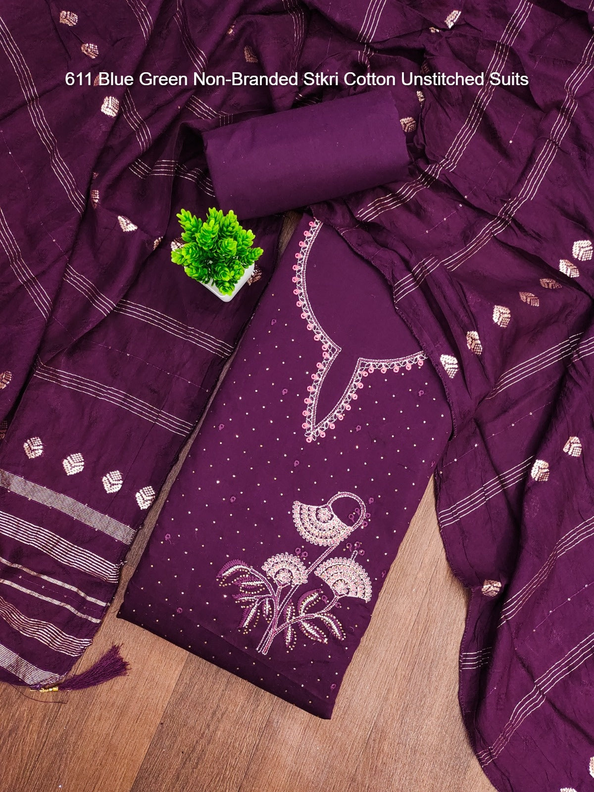 611 Blue Green Non-Branded Stkri Cotton Unstitched Suits