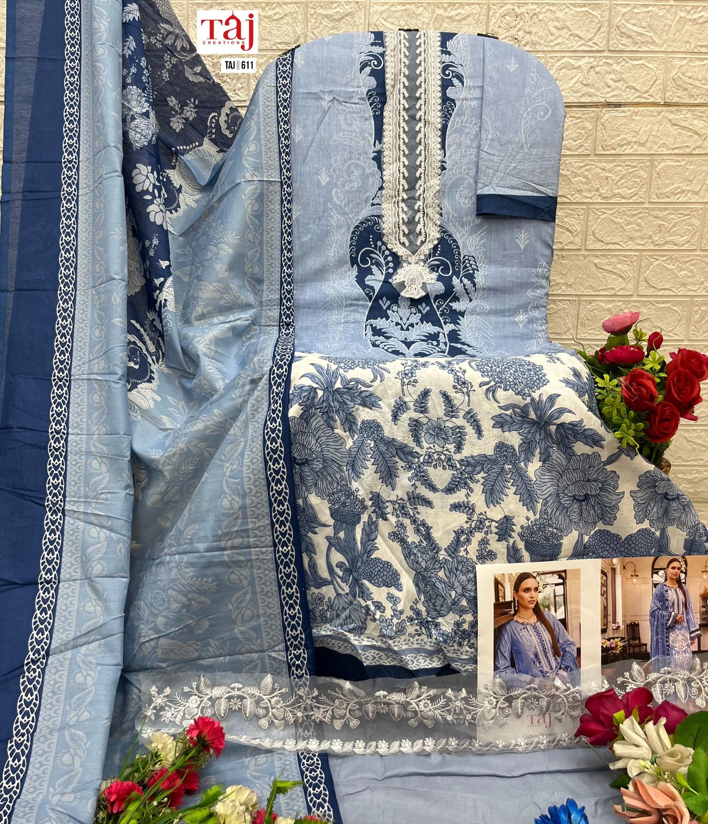 611 Blue Taj Creations Embroidery Pakistani Patch Suits