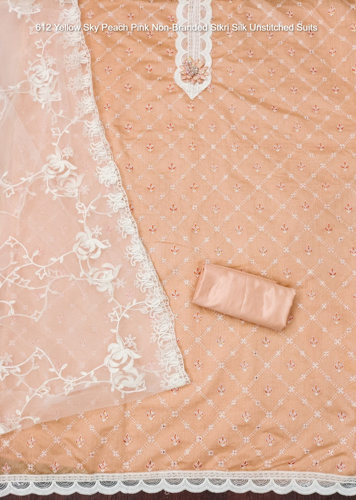 612 Yellow Sky Peach Pink Non-Branded Stkri Silk Unstitched Suits