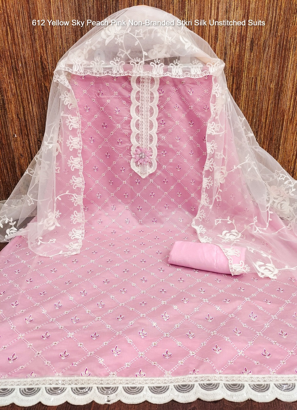 612 Yellow Sky Peach Pink Non-Branded Stkri Silk Unstitched Suits