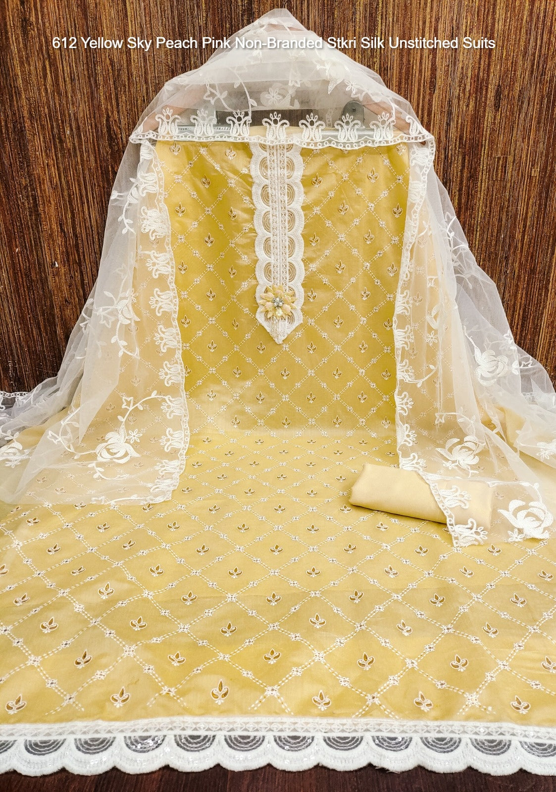 612 Yellow Sky Peach Pink Non-Branded Stkri Silk Unstitched Suits