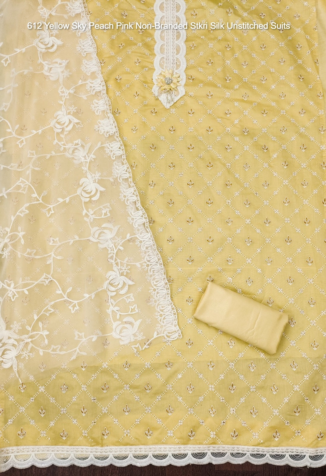 612 Yellow Sky Peach Pink Non-Branded Stkri Silk Unstitched Suits