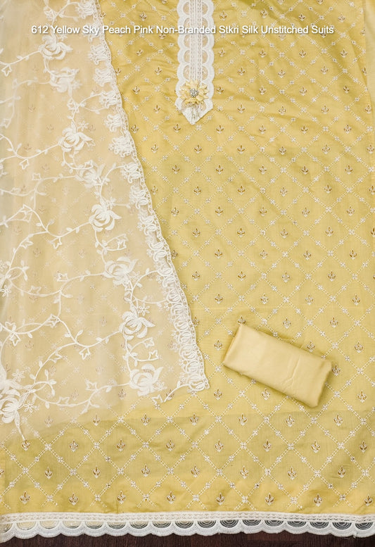 612 Yellow Sky Peach Pink Non-Branded Stkri Silk Unstitched Suits