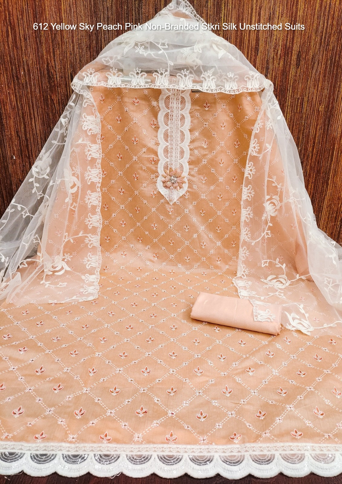 612 Yellow Sky Peach Pink Non-Branded Stkri Silk Unstitched Suits